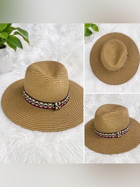 Straw Wide Brim Hat Boho Ethnic Band Summer Beach Sun Hat One Size